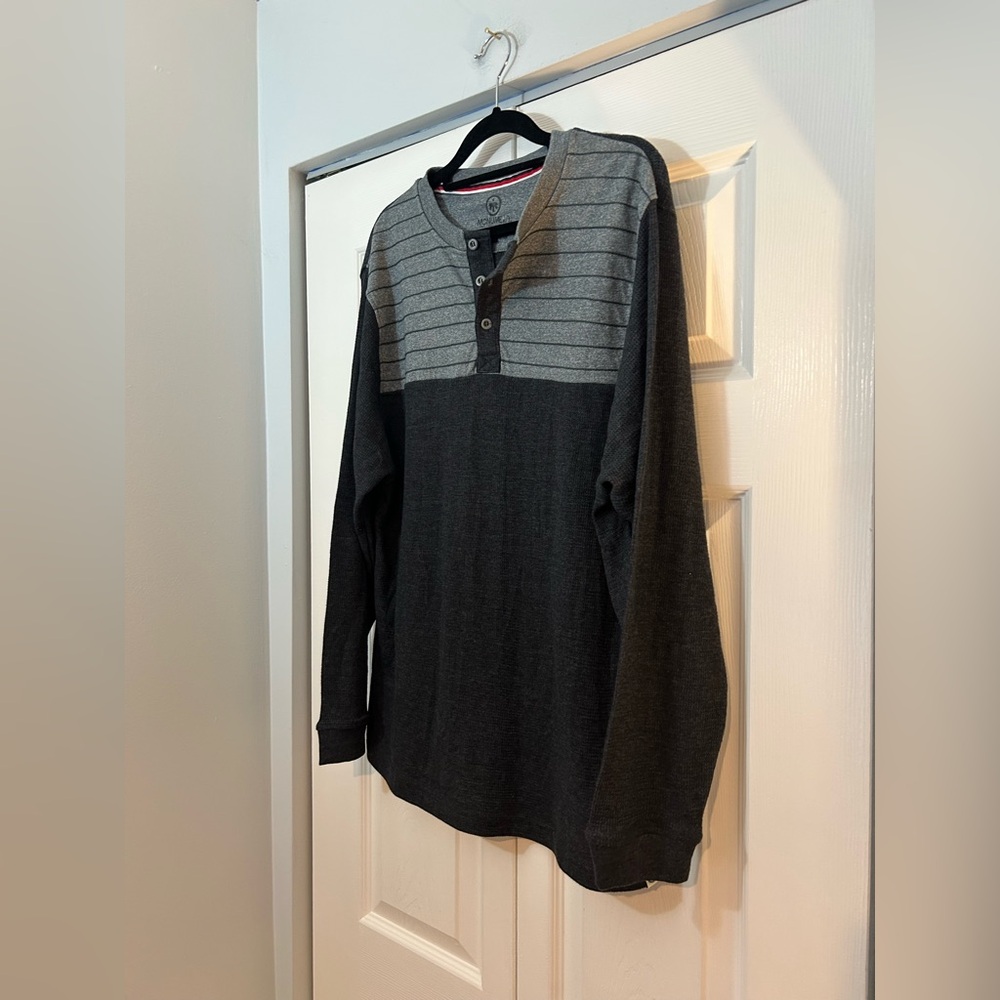 Monument L Gray Colorblock Henley Long Sleeve Shirt Striped Cotton Blend